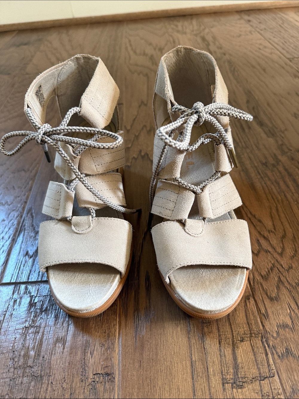 Sorel Beige Suede Lace-Up Wedge Sandals